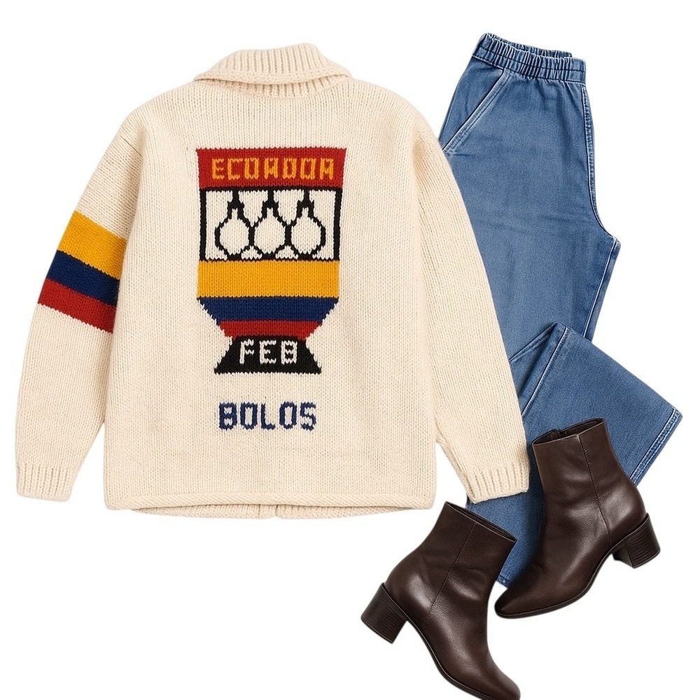 Handmade Ecuador Wool Sweater Jacket Trophy Graphic Full Zip Cardigan Vintage - Picture 12 of 12